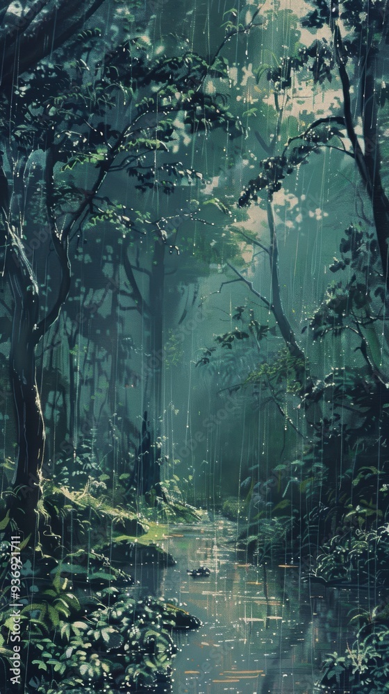 Fototapeta premium Tranquil Rainy Forest Landscape. Serene Nature Relaxation concept