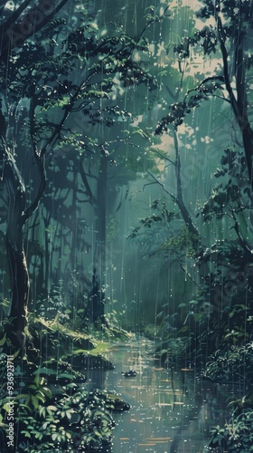 Tranquil Rainy Forest Landscape. Serene Nature Relaxation concept photo