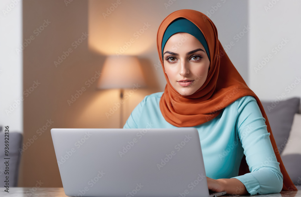 A young woman in a hijab is working on a laptop in her home office A young woman in a hijab is working on a laptop in her home office
