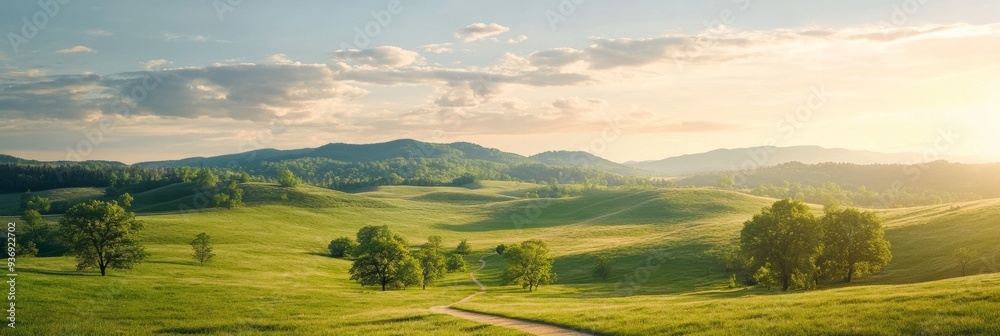 Obraz premium Countryside scene with a grassy field and meandering path, surrounded by hills and trees, under a sky filled with soft clouds and warm evening light