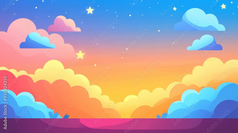 A whimsical artwork showcasing a magical sky at twilight, perfect for inspiring childrens tales and vibrant creativity. A whimsical artwork showcasing a magical sky at twilight, perfect for inspiring childrens tales and vibrant creativity.