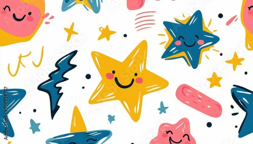 Whimsical doodles of stars and smiles bring a cheerful vibe to a clean white canvas, perfect for any playful space.