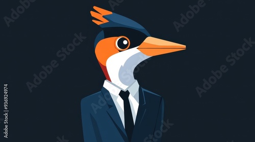 A quirky illustration of a woodpecker in a business suit, merging humor with artistic flair, perfect for any creative space. photo