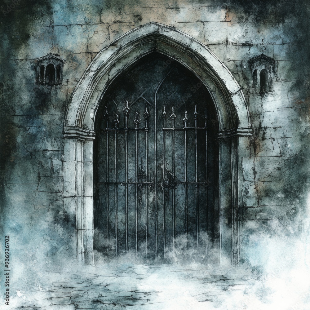 41. Gothic crypt door, heavy iron, obscured by mist, Watercolor style 41. Gothic crypt door, heavy iron, obscured by mist, Watercolor style