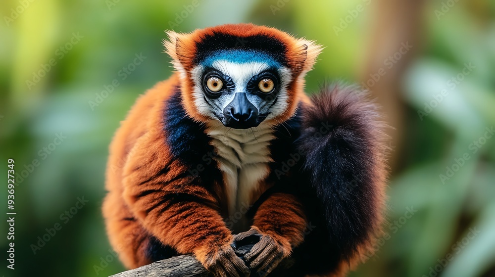 Fototapeta premium Close-up of a colorful lemur with vibrant orange fur and piercing eyes in a lush green forest.