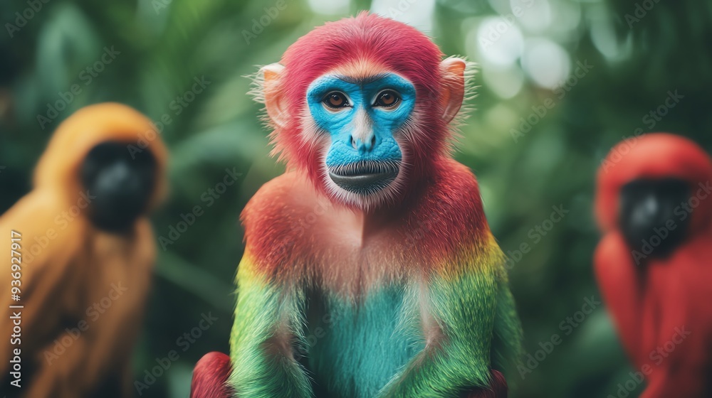 Fototapeta premium Colorful monkey in vibrant hues of red, blue, and green, set against a lush green background with other monkeys in blurred background.