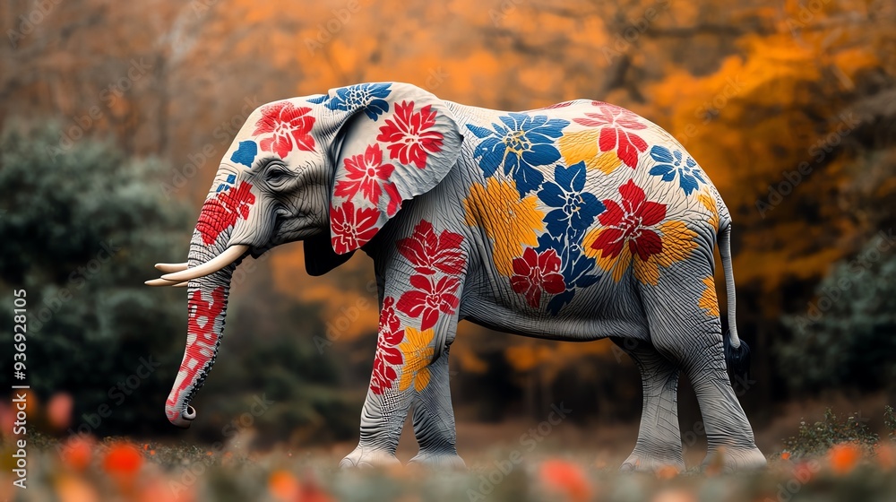 Obraz premium Elephant with vibrant flower body paint standing in nature, blending art and wildlife beautifully under an autumn backdrop.