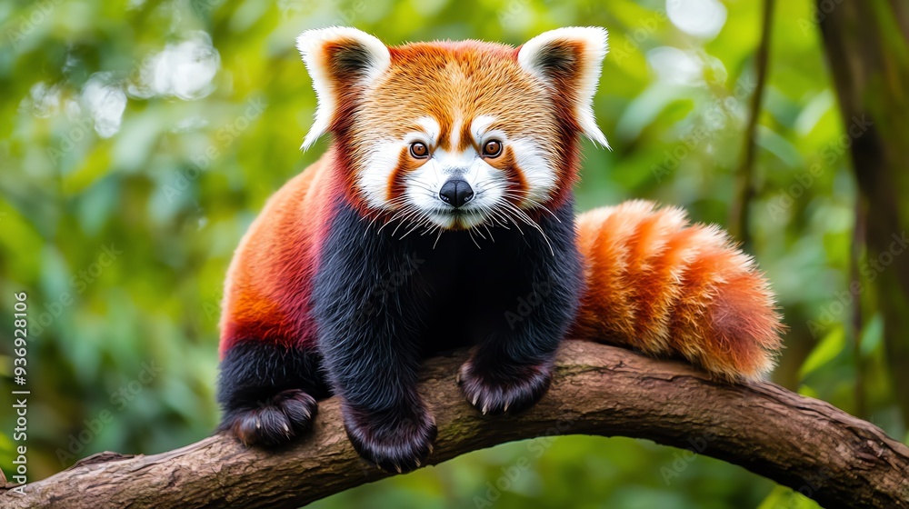 Fototapeta premium Cute red panda sitting on a tree branch against a blurred green forest background.