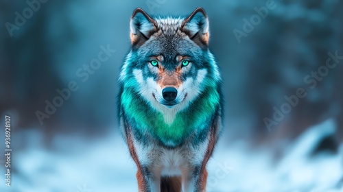 Enchanting image of a majestic wolf standing in the serene snow-covered wilderness, surrounded by a dreamy, misty blue ambiance.