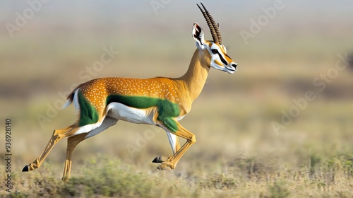 Graceful gazelle with unique, colorful markings running across open savannah, showcasing beauty and speed in the wild.