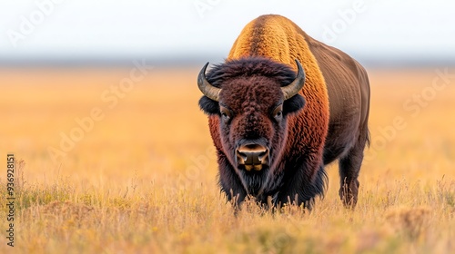 Majestic American bison standing in a golden field, showcasing its strength and beauty in a natural landscape.