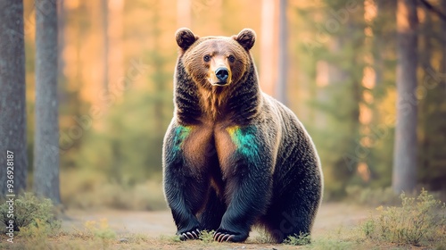 Majestic brown bear standing in a serene forest at dawn with sunlight filtering through the trees. photo