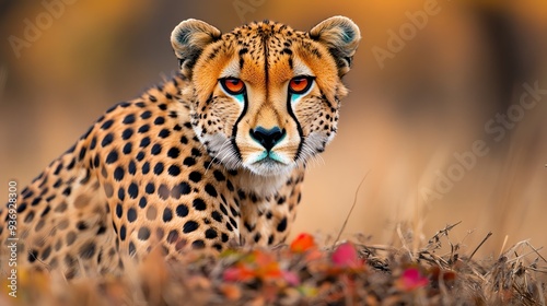 Stunning cheetah in the wild, with vibrant eyes and striking spots, captured in a natural habitat showcasing beautiful details and colors.