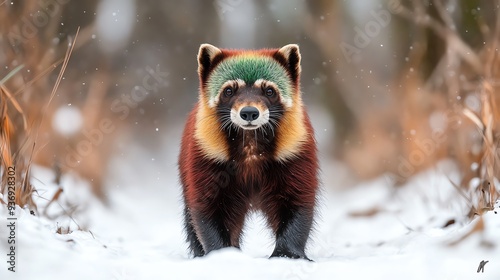 Red panda walking on snow-covered ground in the forest during winter, displaying its distinct and vibrant fur coloration.