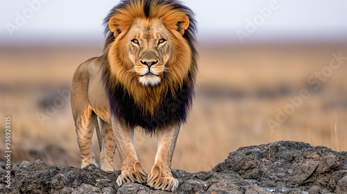 Majestic lion standing on a rocky terrain in the savannah, showcasing its powerful stature and regal presence in the wilderness.