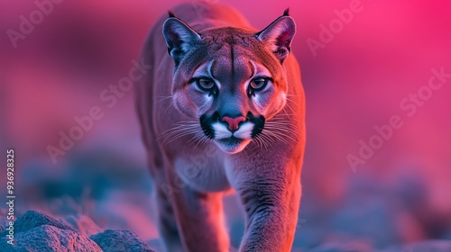 Majestic cougar walking with a vibrant sunset background, capturing the grace and power of this beautiful wild animal in its natural habitat.