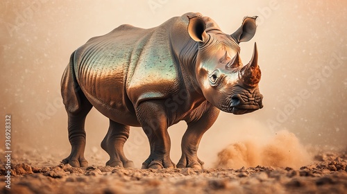 Majestic rhinoceros standing on dusty terrain with a beautiful sunset background, showcasing its powerful and impressive presence.