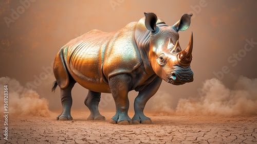 Majestic bronze-colored rhinoceros sculpture in a surreal desert setting, exuding strength and elegance against a cracked, dramatic backdrop.