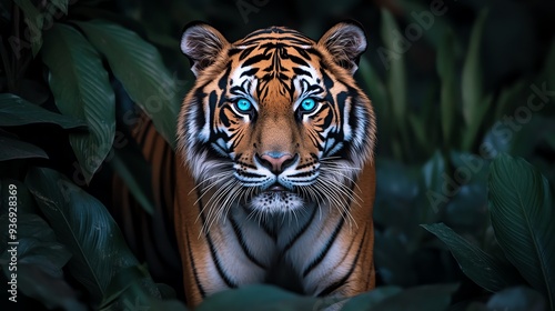 Majestic tiger with piercing blue eyes staring amidst dense jungle foliage, showcasing its strength and beauty in the wild.