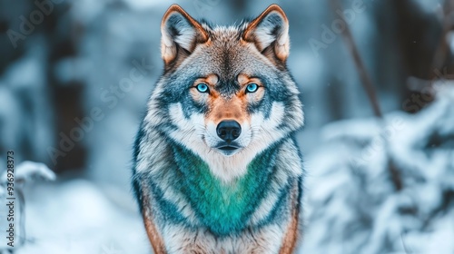 Majestic wolf standing in snowy forest, showcasing its piercing blue eyes and thick fur, creating a striking winter scene.