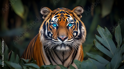 Majestic tiger with striking blue eyes emerges from dense jungle foliage, showcasing the beauty of wildlife and nature.