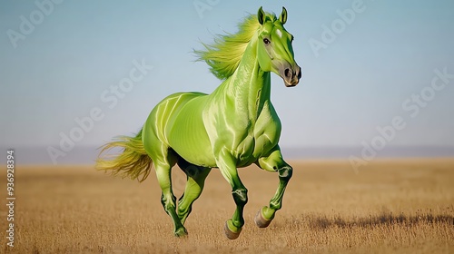 Surreal green horse galloping on an open field, showcasing a fantastic blend of nature and imagination. Perfect for creative projects.