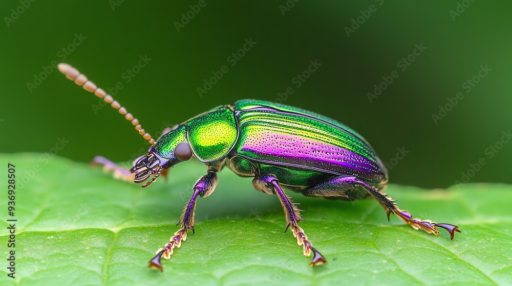 Vibrant metallic beetle with iridescent green and purple hues on a leaf, close-up shot showcasing detailed textures and striking colors. Vibrant metallic beetle with iridescent green and purple hues on a leaf, close-up shot showcasing detailed textures and striking colors.