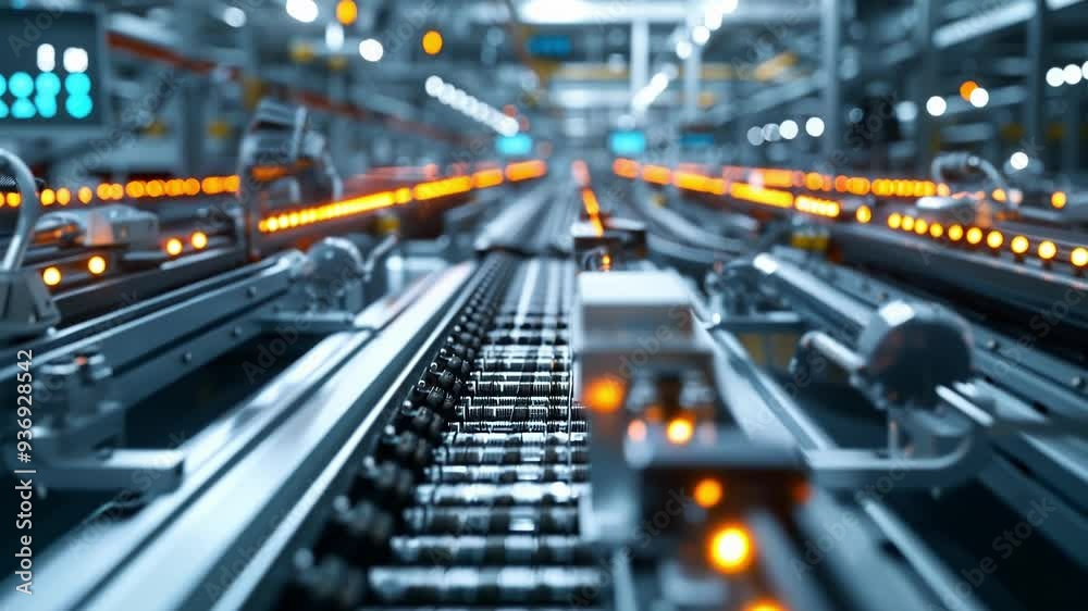 Series of robotic arms working on a production line, assembling metal parts in a factory setting. The image highlights the precision and efficiency of modern manufacturing processes Series of robotic arms working on a production line, assembling metal parts in a factory setting. The image highlights the precision and efficiency of modern manufacturing processes