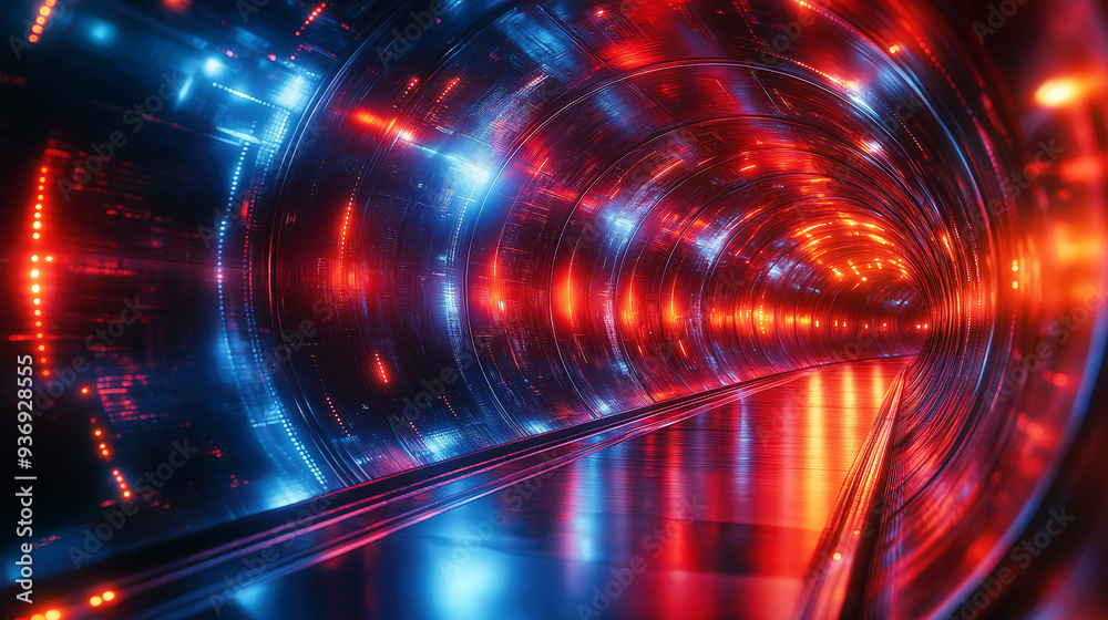 The futuristic and unique red and blue tunnel on an unknown path