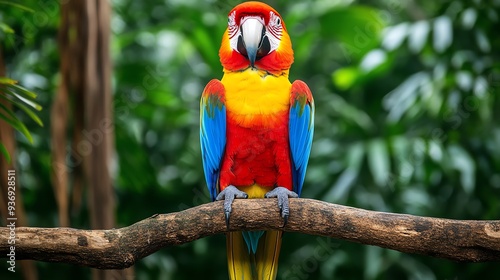 Vibrant parrot perched on a branch in lush green jungle background. Colorful feathers in vibrant red, yellow, and blue hues.