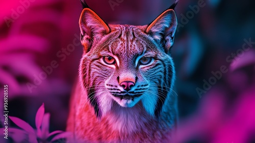 Vibrant portrait of a lynx highlighted by neon pink and blue lighting, showcasing its sharp features and piercing gaze in a surreal setting.