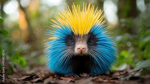 Vibrant, colorful spiky creature in forest setting with blue and yellow quills, close-up shot highlighting unique, exotic wildlife.