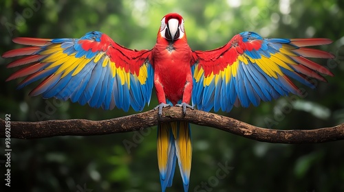 Vibrant scarlet macaw with colorful wings spread wide, perched on a branch in a lush tropical forest background.