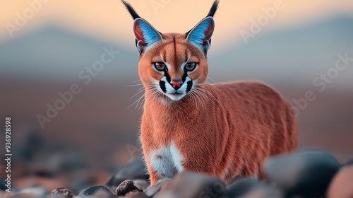 Wild caracal standing on rocky terrain at sunset with blurred mountains in the background, showcasing its distinctive tufted ears.