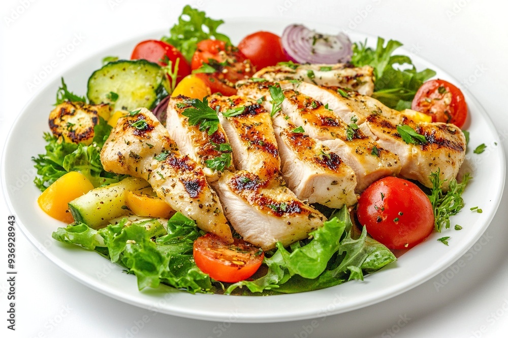 Grilled Chicken Salad on White Background Top Down Photo.generative ai Grilled Chicken Salad on White Background Top Down Photo.generative ai