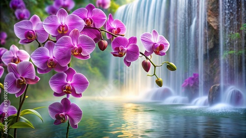 Vibrant painting of purple orchids cascading beside a serene waterfall