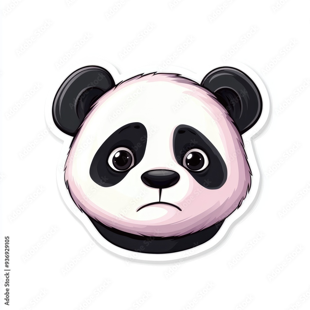 Cute sad panda face sticker illustration on a clean white background perfect for adding a touch of charm to your belongings