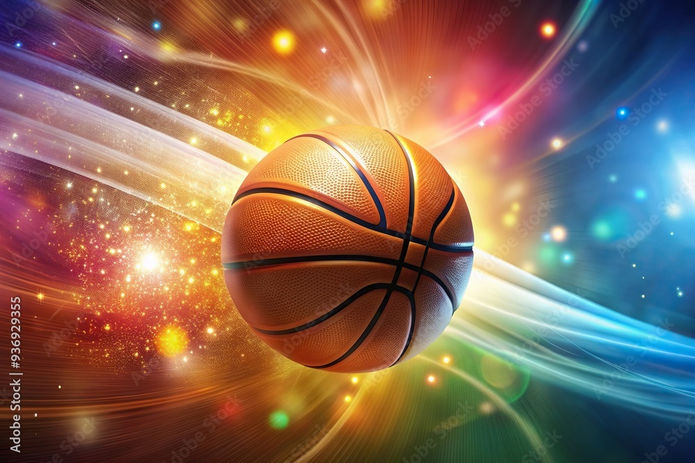 Flying basketball ball in mid air against a vibrant and mesmerizing abstract backdrop with sparkling waves of colors, wide-angle, wavy, sparkling, background, colorful, abstract Flying basketball ball in mid air against a vibrant and mesmerizing abstract backdrop with sparkling waves of colors, wide-angle, wavy, sparkling, background, colorful, abstract