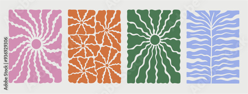 Groovy Art Collection: Vibrant Trendy Naive Vector Illustrations and Abstract Botanical Shapes in Warm Tones.  Perfect for Trendy Posters, Backgrounds, and Contemporary Design.