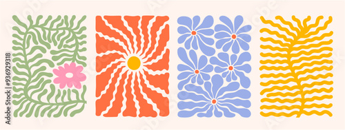 Groovy Art Collection: Vibrant Trendy Naive Vector Illustrations and Abstract Botanical Shapes in Warm Tones.  Perfect for Trendy Posters, Backgrounds, and Contemporary Design.