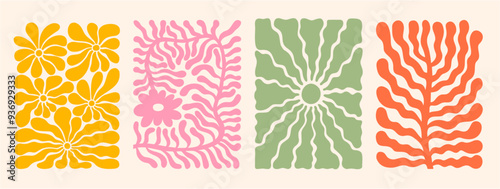 Groovy Art Collection: Vibrant Trendy Naive Vector Illustrations and Abstract Botanical Shapes in Warm Tones.  Perfect for Trendy Posters, Backgrounds, and Contemporary Design.