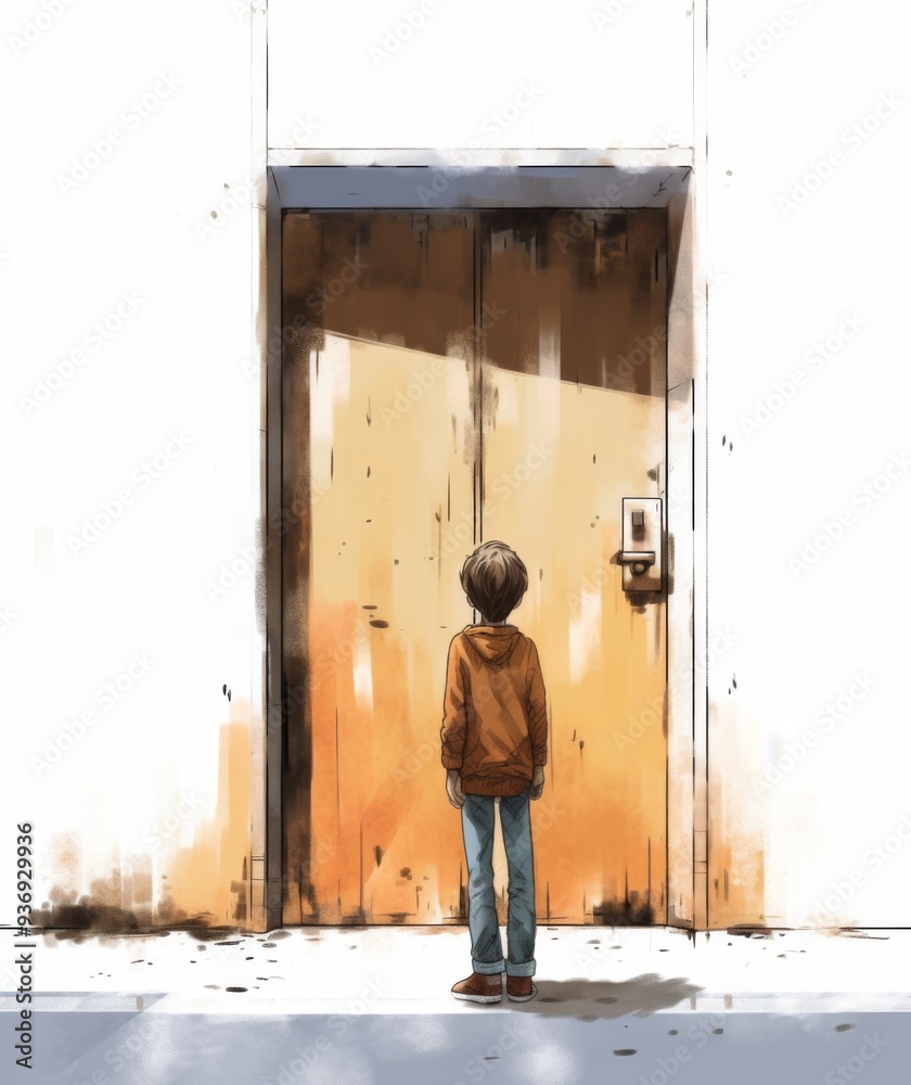 A Young Boy Standing in Front of a Large Wooden Door – Mystery and Anticipation Illustration A Young Boy Standing in Front of a Large Wooden Door – Mystery and Anticipation Illustration