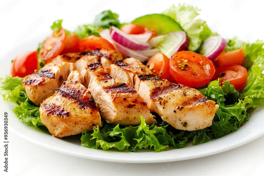 Grilled Chicken Salad on White Background Top Down Photo.generative ai Grilled Chicken Salad on White Background Top Down Photo.generative ai