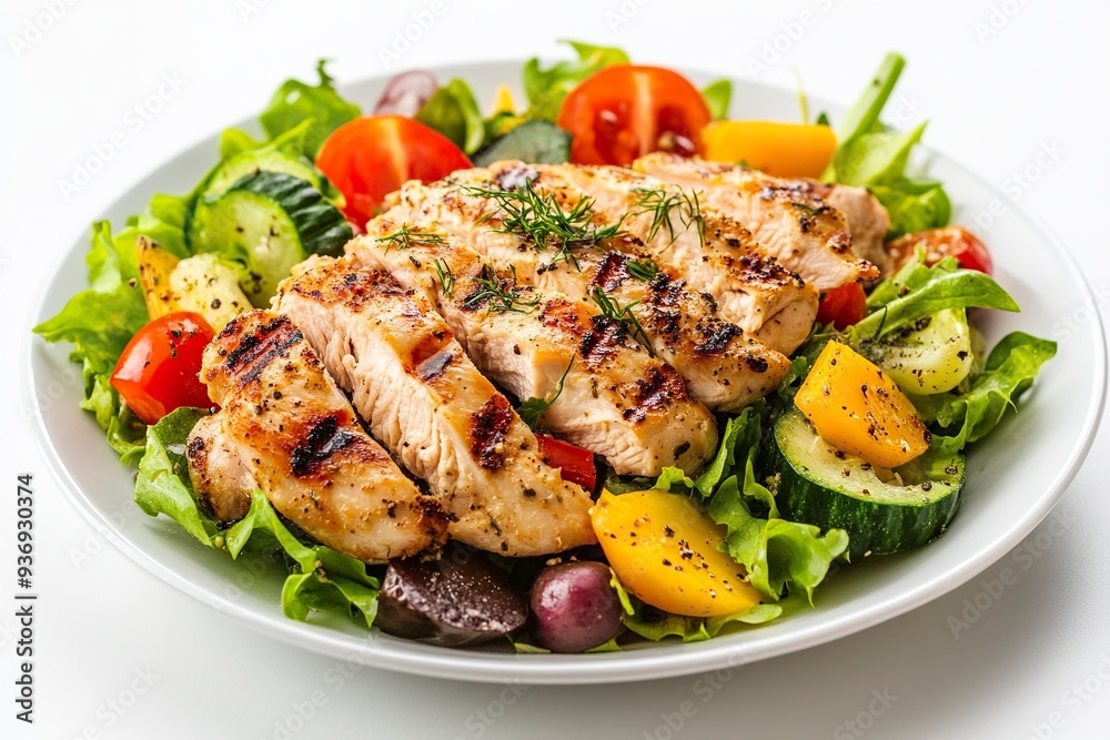 Grilled Chicken Salad on White Background Top Down Photo.generative ai Grilled Chicken Salad on White Background Top Down Photo.generative ai