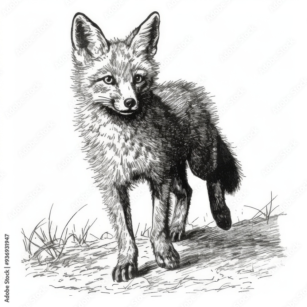 Fototapeta premium Black and White Fox Illustration with Detailed Fur, Standing in Natural Setting