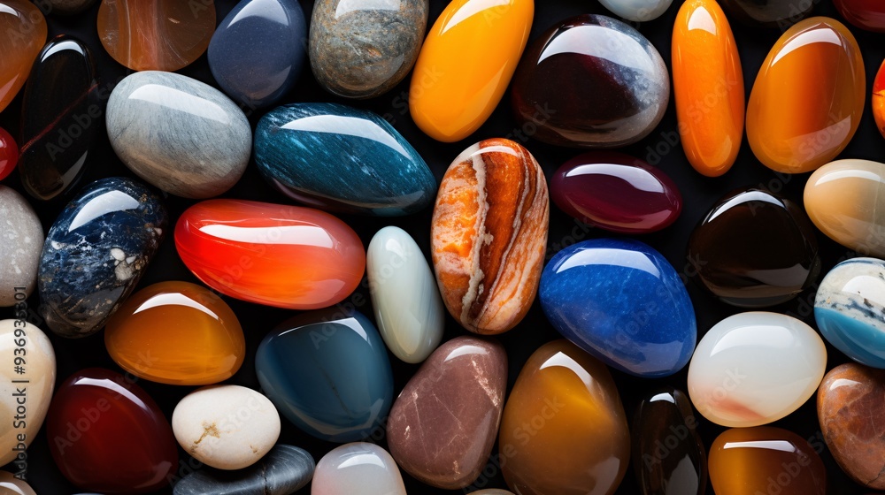 Close-up of smooth, polished pebble stones with colors Close-up of smooth, polished pebble stones with colors
