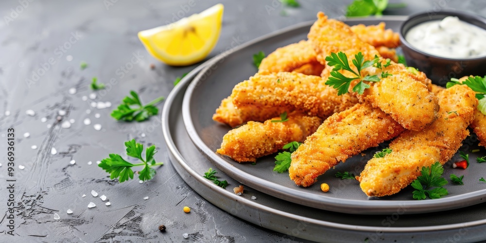 Breaded fish sticks served with parsley, lemon, and tartar sauce on a textured gray surface. Breaded fish sticks served with parsley, lemon, and tartar sauce on a textured gray surface.