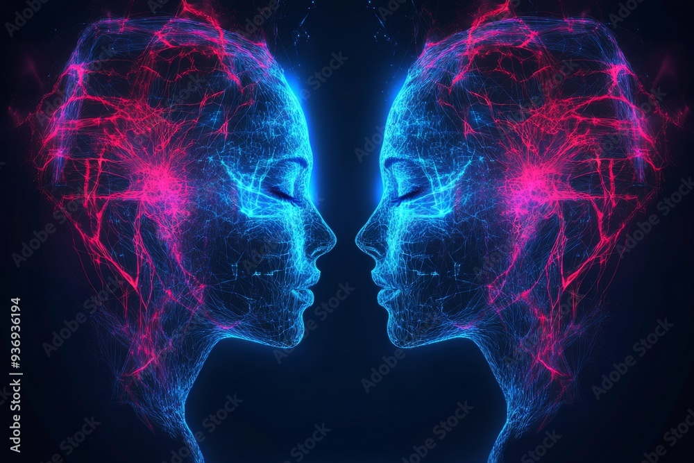 Neon Blue and Pink Dual Faces Symbolizing the Fusion of Human Identity and Digital Technology in a Modern World Neon Blue and Pink Dual Faces Symbolizing the Fusion of Human Identity and Digital Technology in a Modern World