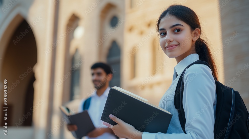 Spanish college students are holding books and looking at the camera in front of historical buildings with calm and confident eyes, showing their longing for campus life and thirst for knowledge. Spanish college students are holding books and looking at the camera in front of historical buildings with calm and confident eyes, showing their longing for campus life and thirst for knowledge.