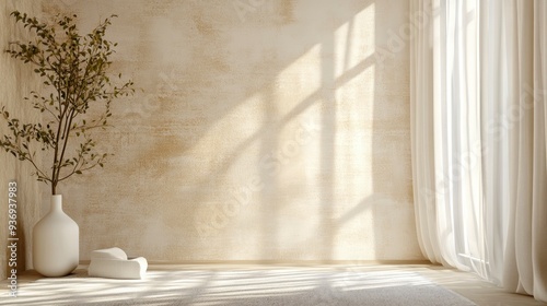 Fototapeta Naklejka Na Ścianę i Meble -  Paper wallpaper on the walls of beige house with a scratch pattern. Abstract background, pastel cream colored vintage carpet, soft wrinkled pattern with golden faded lines on luxury bedroom, ai